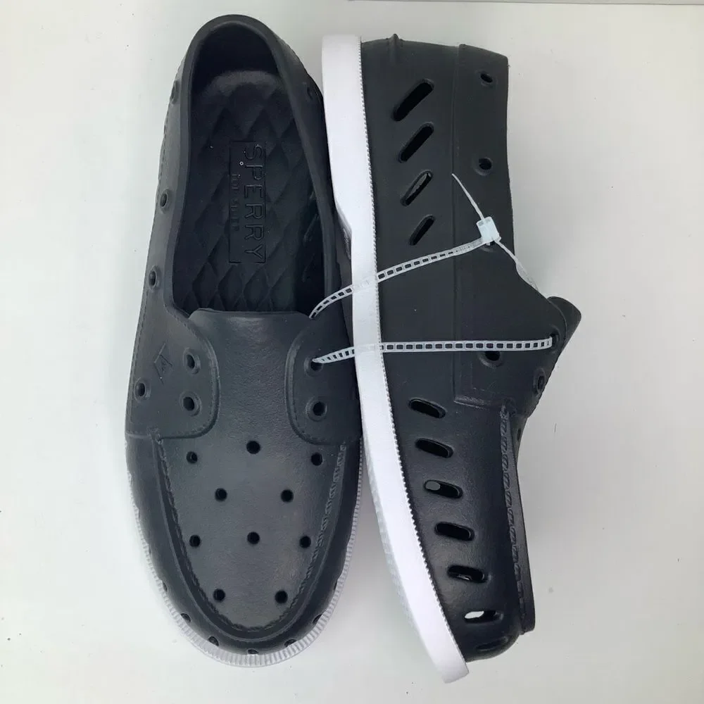 NWOT! Sperry Float Boat Black/White Rubber Women’s Slip On Shoes Sz 9M